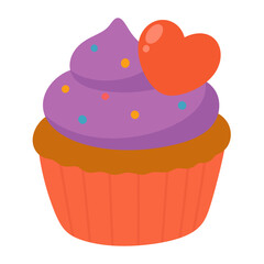 Cupcake with purple frosting, sprinkles, and red heart topper flat style isolated on transparent background.