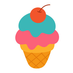 Colorful triple scoop ice cream cone with cherry on top flat style isolated on transparent background.