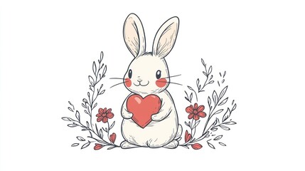 Fototapeta premium Cute bunny holding heart, floral frame, white background, Valentine's card