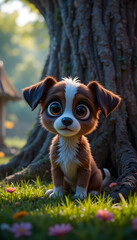 cute brown puppy with big eyes sitting by a tree emotional animal art