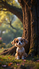 cute brown puppy with big eyes sitting by a tree emotional animal art