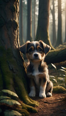 cute brown puppy with big eyes sitting by a tree emotional animal art