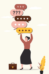 Businesswoman carry stack of dialogue bubbles. Tired employee holds speech bubbles, business woman withstand pressure of talking and feedback.