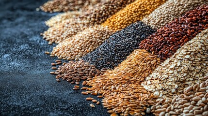Various seeds arranged on a dark surface