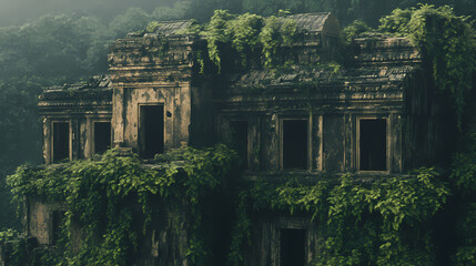Fototapeta premium A mysterious ancient ruin overtaken by thick jungle vegetation, nature reclaiming lost history. [Corroded Realms] | Fungal Castles | nature reclaim. Illustration