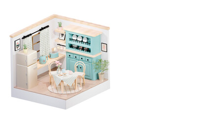 3D render of a pastel blue and vanilla cartoon kitchen with black polka-dot textiles, donuts and tea, and retro appliances. Clean white background makes it ideal for ads or packaging