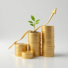 Stacks of gold coins with a green plant and upward arrow showing growth