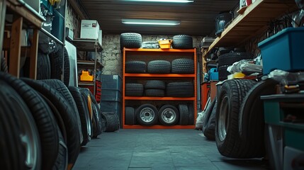 The car workshop's tire rack now holds a fresh tire.  Tire changes are anticipated.
 