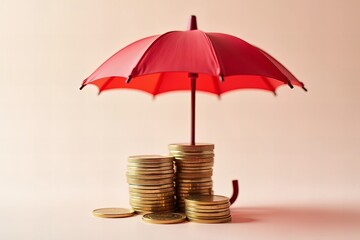 Protecting Wealth: Stacked Coins Shielded by Red Umbrella, Symbolizing Risk Management