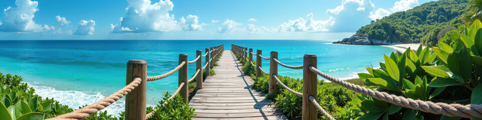 Obraz premium A scenic wooden bridge with rope railings leading to a turquoise ocean surrounded by lush greenery and a clear blue sky.