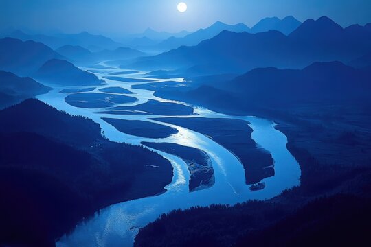 A meandering river snakes through a serene, mountainous landscape under a twilight sky.