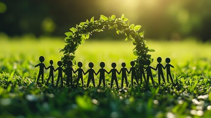 Community members join hands under a leafy arch to symbolize unity and environmental care