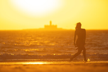 Fototapeta premium Dancer enjoying amazing sunset on the beach, silhouette of woman dancing on the shore