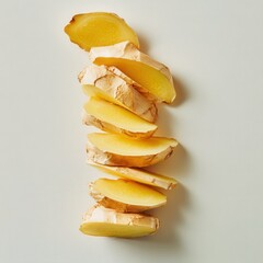 Sliced ginger root stacked vertically on a white surface close up view