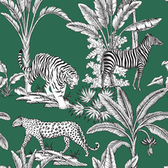 Jungle toile jungle seamless pattern. Tropical palm tree, plants, tiger, leopard, zebra animals wallpaper.	