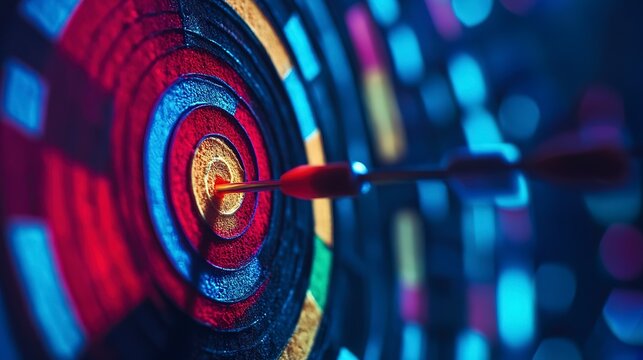 Marketer analyzing retargeting performance with dartboard target focus in a colorful setting