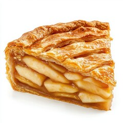 A single slice of apple pie with lattice crust on a plain white background