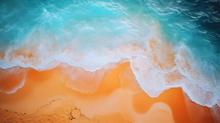 Fototapeta premium Coastal scene of turquoise waves crashing on orange sand. Aerial view