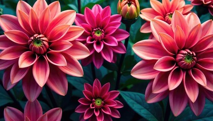 Obraz premium Bold dahlia blossoms, repeating floral motif, rich hues , retro, design, image