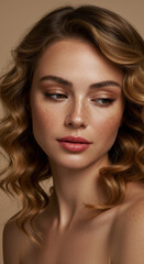 Fototapeta premium Freckled Beauty: Stunning Portrait of a Radiant Woman with Golden Hair and Natural Makeup for Beauty, Skincare & Haircare Inspiration