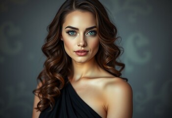Fototapeta premium A glamorous woman with long curly brown hair and green eyes