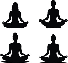 Set of Woman in Lotus Yoga Pose Silhouettes – Meditative Sitting Position in Solid Black Vector on White Background