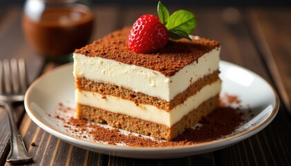 Classic tiramisu dessert, layered & dusted cocoa , texture, espresso