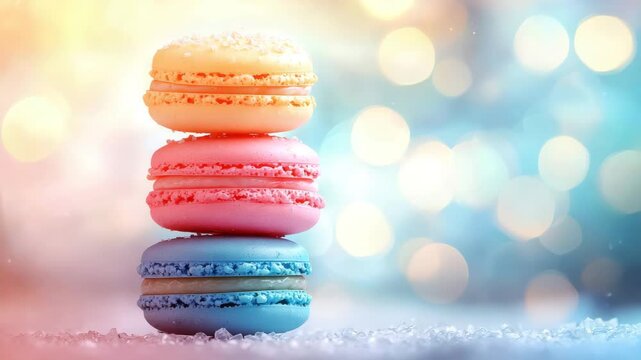 Colorful Macarons Stacked on a Blurred Background with Bokeh Effect