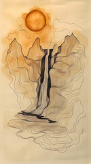 Waterfall cascading down rocky mountains under a warm sun, hazy atmospheric effect