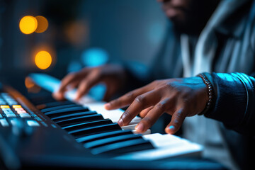 Musician plays keyboard in a dimly lit room during an intimate performance