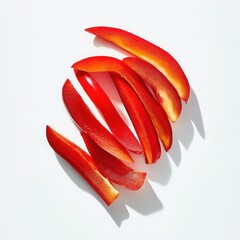 A top down view of sliced red bell peppers arranged on a white surface area