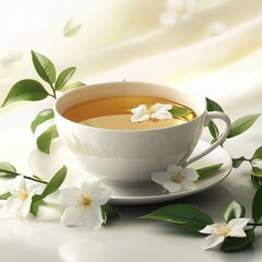 A cup of tea with a white flower floating in it surrounded by white flowers
