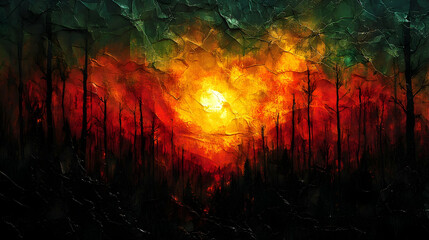 Fototapeta premium Fiery sunset over a dark, charred forest. Bold colors and thick brushstrokes depict the aftermath of a wildfire