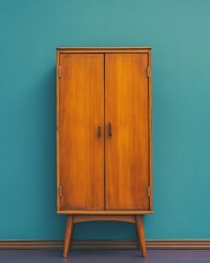 The image features a wooden cabinet with two doors on a bright purple and blue backdrop