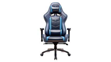 Front view of a blue and gray gaming chair with adjustable headrest on wheels isolated on transparent background	