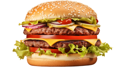 A close up view of a double cheeseburger with fresh ingredients stacked high isolated on transparent background	