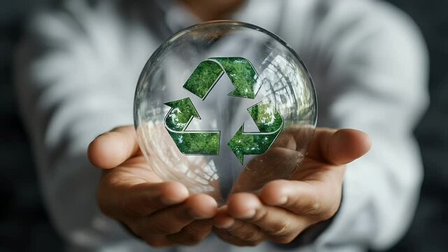 Recycling symbol in a crystal sphere held in hands