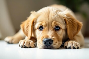 Golden Retriever puppy rests on white, looks directly at camera, studio, animal photography