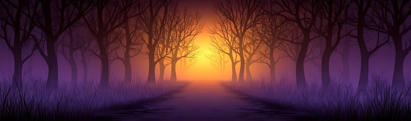 Obraz premium Misty forest path sunset, background design