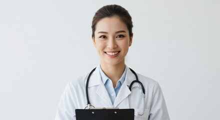 Portrait of smiling asian woman doctor with stethoscope holding clipboard healthcare professional medical