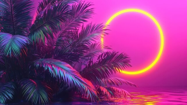 Vibrant palm leaves against a neon ring sunset