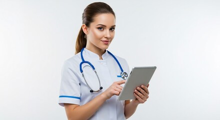 Nurse doctor healthcare medical professional using tablet technology stethoscope hospital clinic online