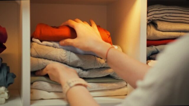 A person is carefully folding and arranging colorful clothing in a closet. This organizing activity takes place during the afternoon at home, promoting tidiness and efficiency
