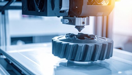 Close-up of industrial 3d printer creating gear with precision