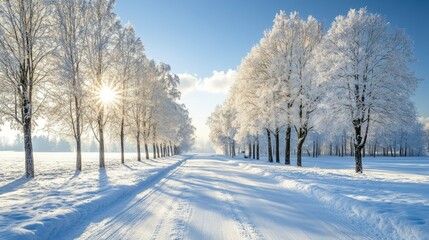Obraz premium Sunlit Winter Road Lined with Snow-Covered Trees