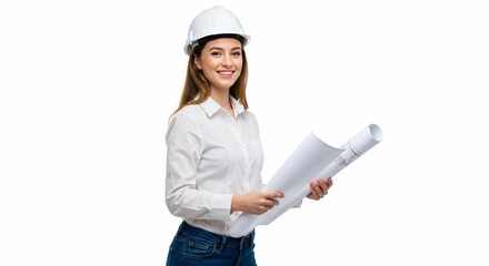 Female engineer architect construction worker blueprint plans safety helmet smiling professional success