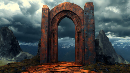 Fototapeta premium A portal to realms unknown: weathered gateway amidst a stormy vista. [Corroded Realms] | Copper Spires | oxidized heights. Illustration