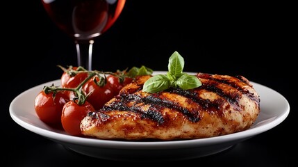 A dish consisting of grilled fish fillet, accompanied by creamy polenta and white wine