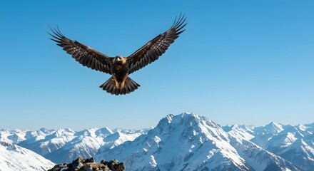 A Golden Eagle Gliding High Above a Mountain Ridge, Its Wings Extended in the Clear Blue Sky
