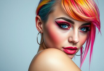 Naklejka premium Photorealistic portrait of a confident female with rainbow hair